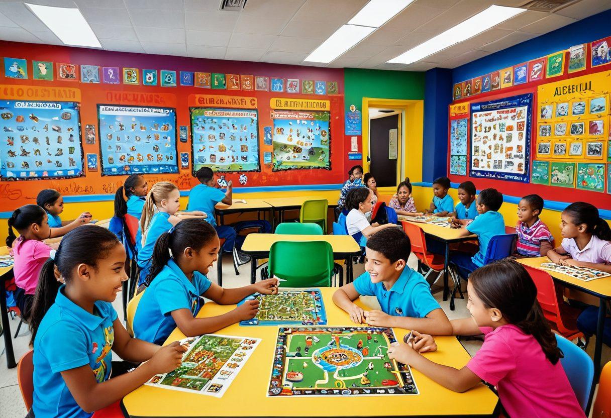 A lively classroom setting filled with children engaging in interactive educational games, bright colorful posters on the walls, children laughing and learning together, some playing with educational board games, others using tablets, a warm and inviting atmosphere, a teacher smiling and facilitating the activities. vibrant colors. 3D.