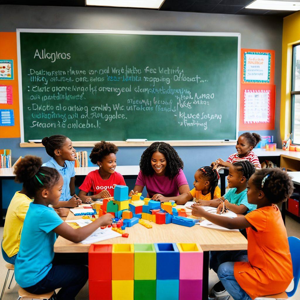 A bright and colorful classroom setting filled with diverse children engaging in playful learning activities, showcasing teamwork and joy. Include elements like building blocks, art supplies, and books, illustrating the transition from play to skill development. A cheerful teacher guiding them while a chalkboard displays motivational messages. The scene is infused with vibrant colors and a sense of warmth, inviting curiosity and creativity. super-realistic. vibrant colors. 3D.