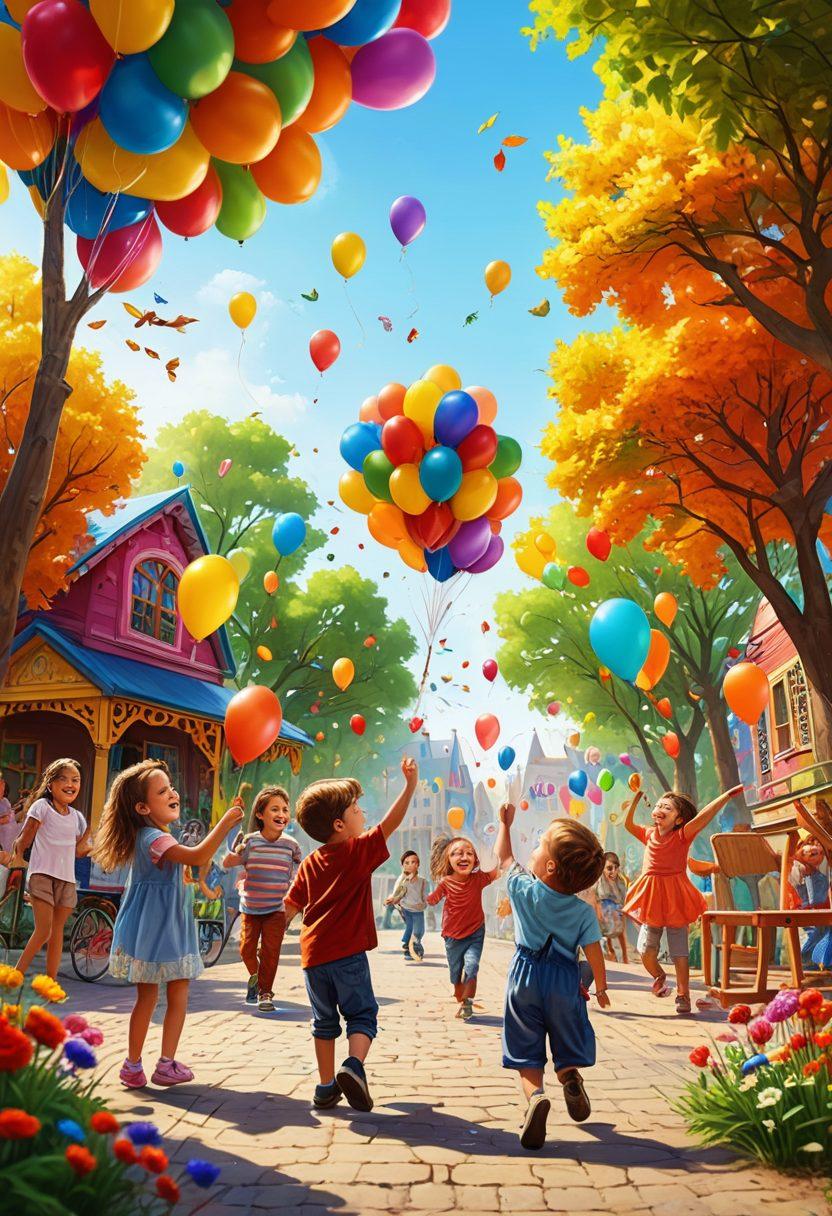 A vibrant playground scene filled with children joyfully engaging in various creative playtime activities, such as painting, building with blocks, and playing musical instruments. The setting is bright and colorful, with flowers, trees, and cheerful decorations around. Emphasize the smiles and laughter of the children, showcasing a sense of happiness and exploration. Include playful elements like balloons and kites in the background. super-realistic. vibrant colors. 3D.